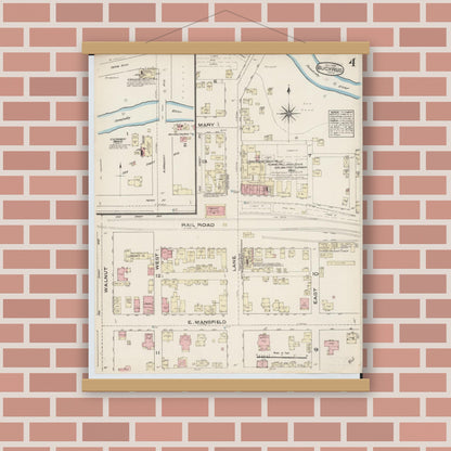 Old map wall art mockup — magnetic wood frame on brick wall — Sanborn Fire Insurance Map from Bucyrus, Crawford County, Ohio (1884), Sheet #0004