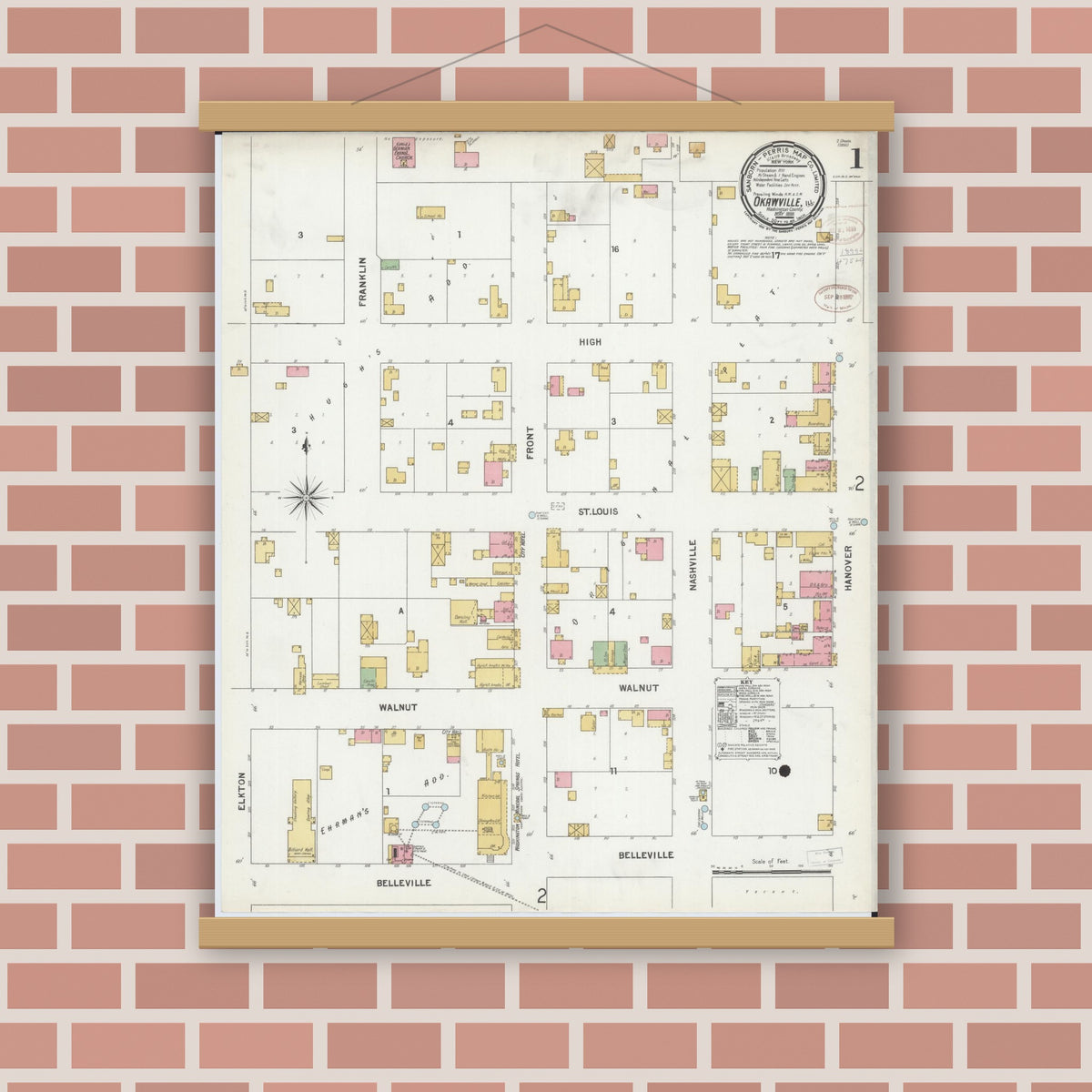 Old map wall art mockup — magnetic wood frame on brick wall — Sanborn Fire Insurance Map from Okawville, Washington County, Illinois (1899) - Complete Map Set