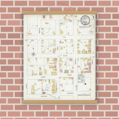Old map wall art mockup — magnetic wood frame on brick wall — Sanborn Fire Insurance Map from Okawville, Washington County, Illinois (1899) - Complete Map Set