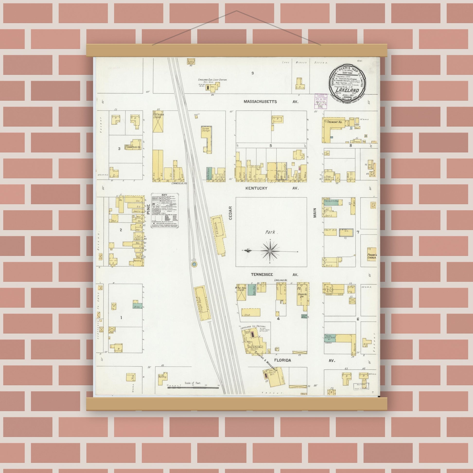 Old map wall art mockup — magnetic wood frame on brick wall — Sanborn Fire Insurance Map from Lakeland, Polk County, Florida (1901), Sheet #0001