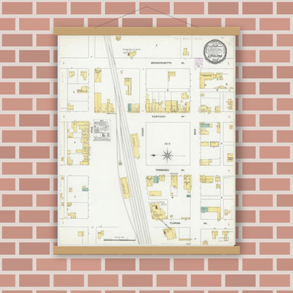 Old map wall art mockup — magnetic wood frame on brick wall — Sanborn Fire Insurance Map from Lakeland, Polk County, Florida (1901), Sheet #0001