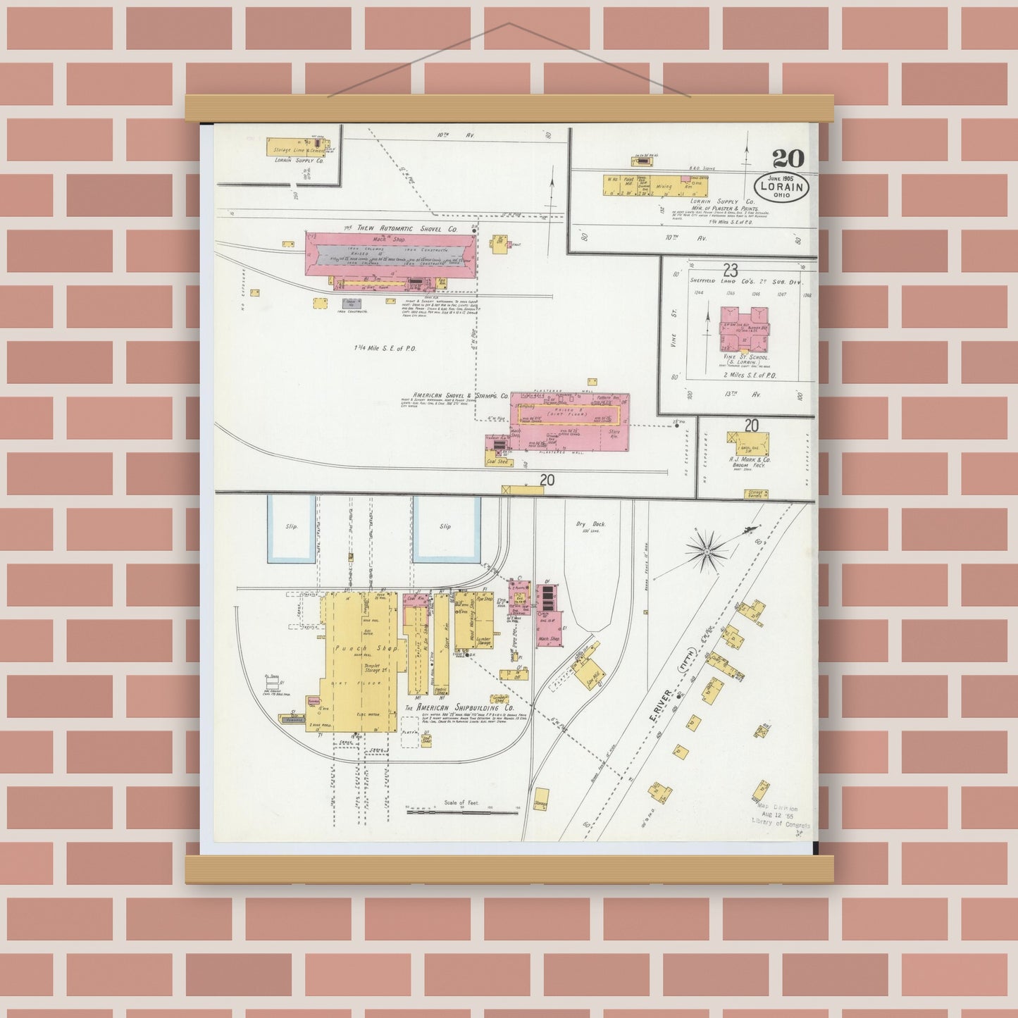 Old map wall art mockup — magnetic wood frame on brick wall — Sanborn Fire Insurance Map from Lorain, Lorain County, Ohio (1905), Sheet #0020