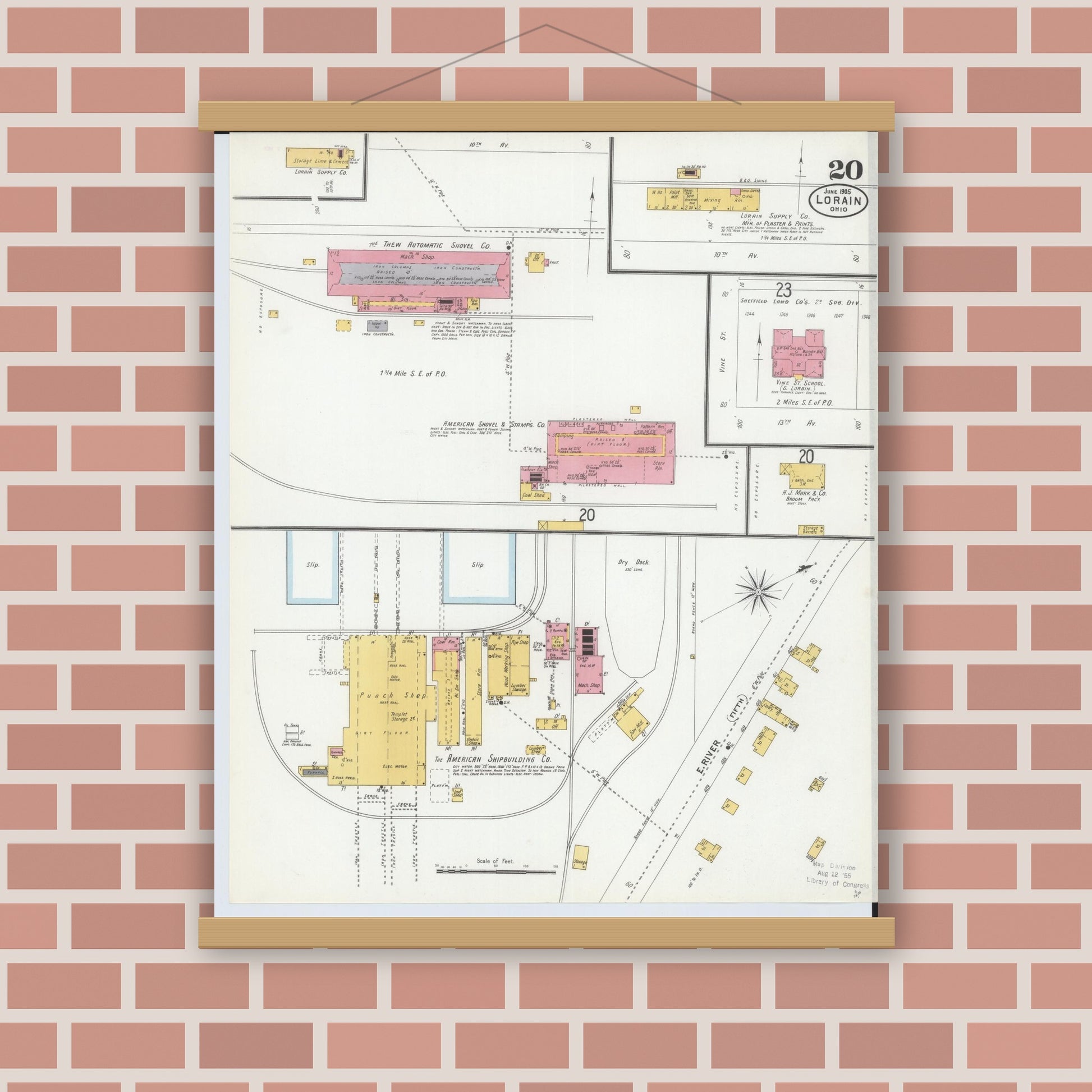 Old map wall art mockup — magnetic wood frame on brick wall — Sanborn Fire Insurance Map from Lorain, Lorain County, Ohio (1905), Sheet #0020