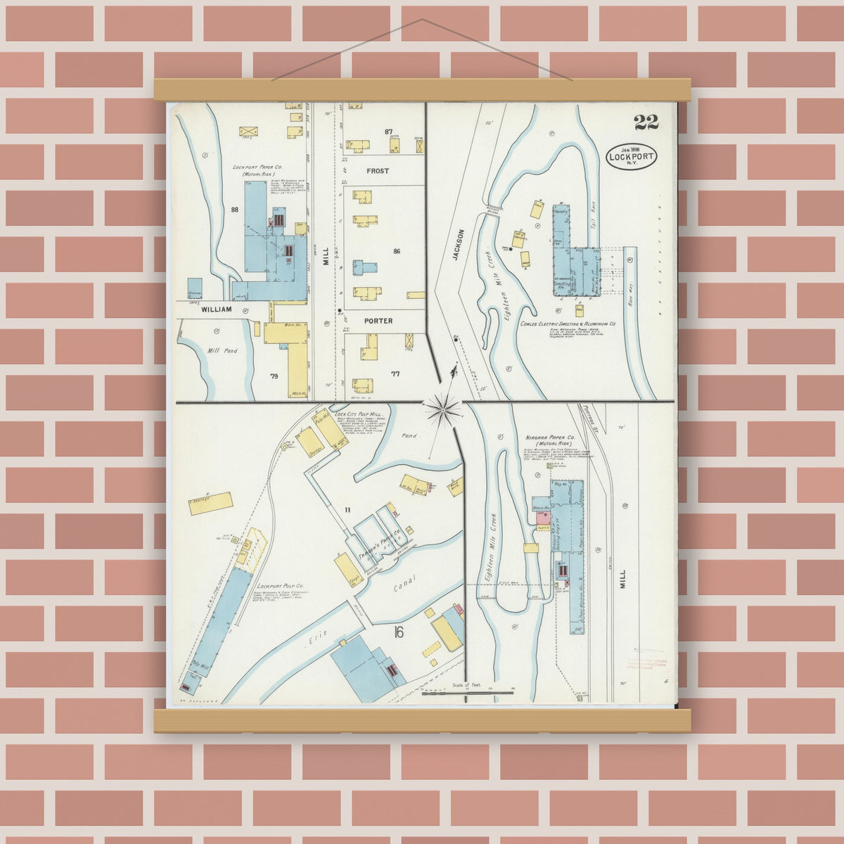 Old map wall art mockup — magnetic wood frame on brick wall — Sanborn Fire Insurance Map from Lockport, Niagara County, New York (1898), Sheet #0022