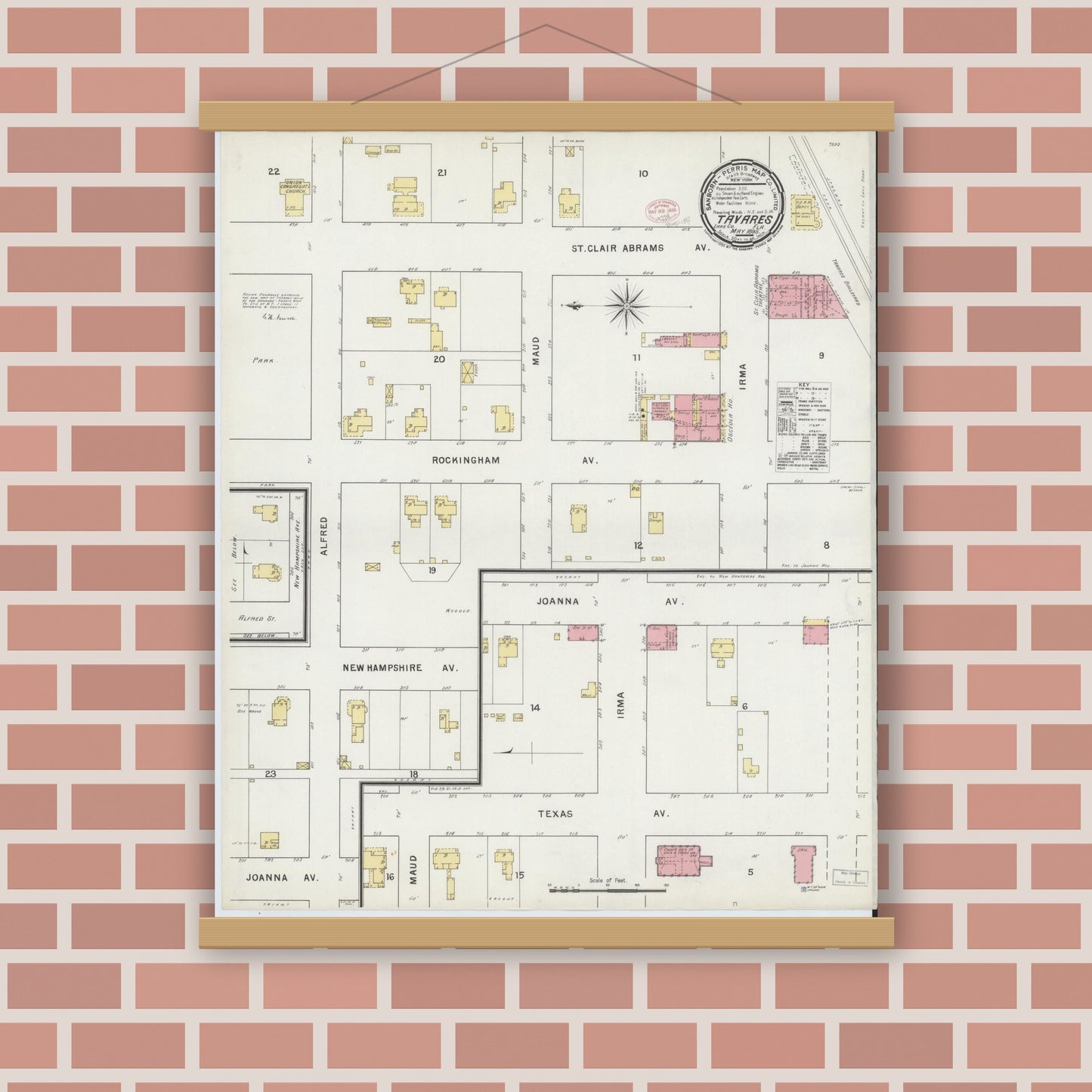 Old map wall art mockup — magnetic wood frame on brick wall — Sanborn Fire Insurance Map from Tavares, Lake County, Florida (1895), Sheet #0001