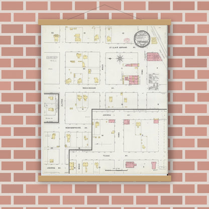 Old map wall art mockup — magnetic wood frame on brick wall — Sanborn Fire Insurance Map from Tavares, Lake County, Florida (1895), Sheet #0001