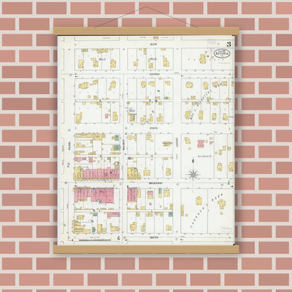 Old map wall art mockup — magnetic wood frame on brick wall — Sanborn Fire Insurance Map from Astoria, Fulton County, Illinois (1900), Sheet #0003