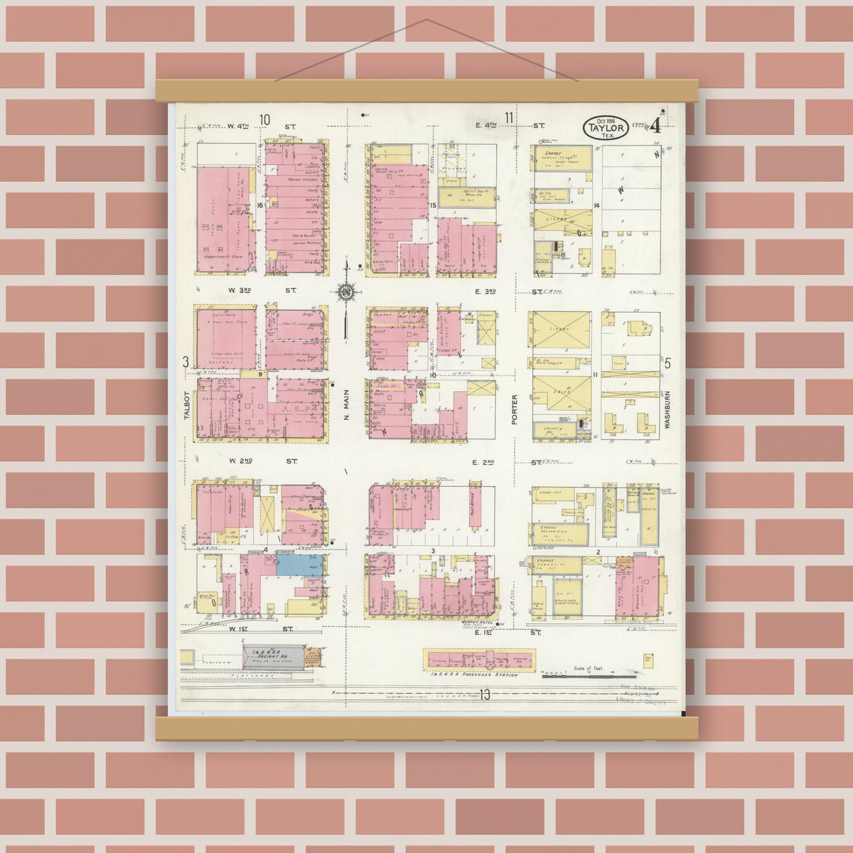 Old map wall art mockup — magnetic wood frame on brick wall — Sanborn Fire Insurance Map from Taylor, Williamson County, Texas (1916), Sheet #0004
