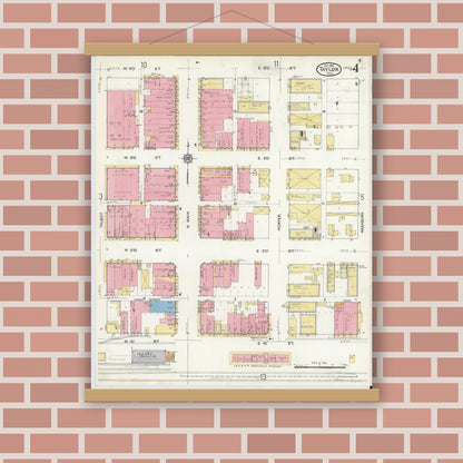 Old map wall art mockup — magnetic wood frame on brick wall — Sanborn Fire Insurance Map from Taylor, Williamson County, Texas (1916), Sheet #0004