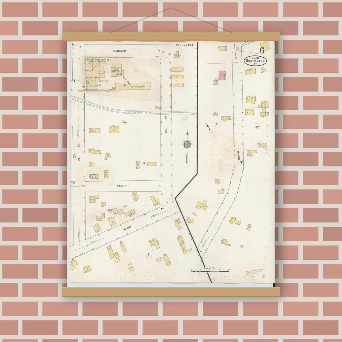Old map wall art mockup — magnetic wood frame on brick wall — Sanborn Fire Insurance Map from Forestville, Chautauqua County, New York (1941), Sheet #0006