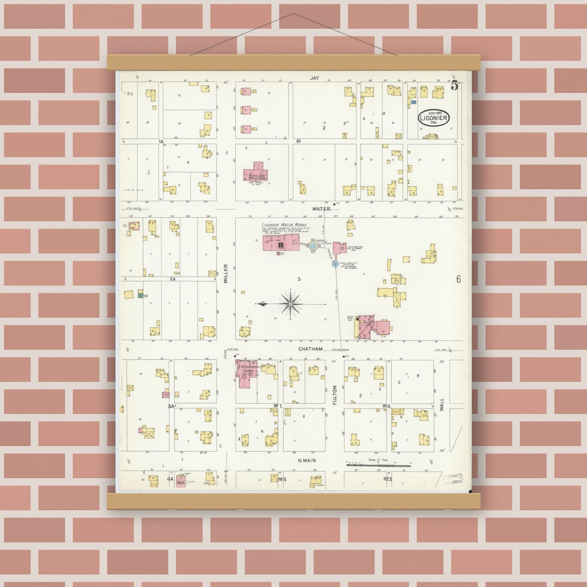 Old map wall art mockup — magnetic wood frame on brick wall — Sanborn Fire Insurance Map from Ligonier, Noble County, Indiana (1907), Sheet #0005