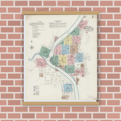 Old map wall art mockup — magnetic wood frame on brick wall — Sanborn Fire Insurance Map from Zanesville, Muskingum County, Ohio (1886) - Complete Map Set