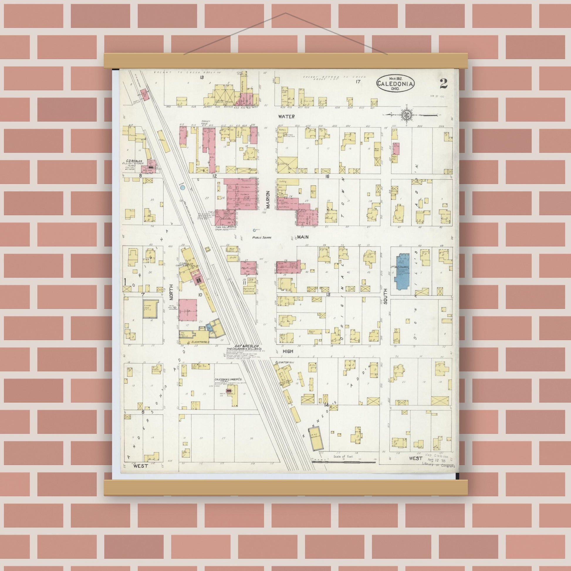 Old map wall art mockup — magnetic wood frame on brick wall — Sanborn Fire Insurance Map from Caledonia, Marion County, Ohio (1912), Sheet #0002