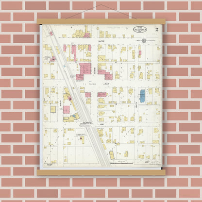 Old map wall art mockup — magnetic wood frame on brick wall — Sanborn Fire Insurance Map from Caledonia, Marion County, Ohio (1912), Sheet #0002