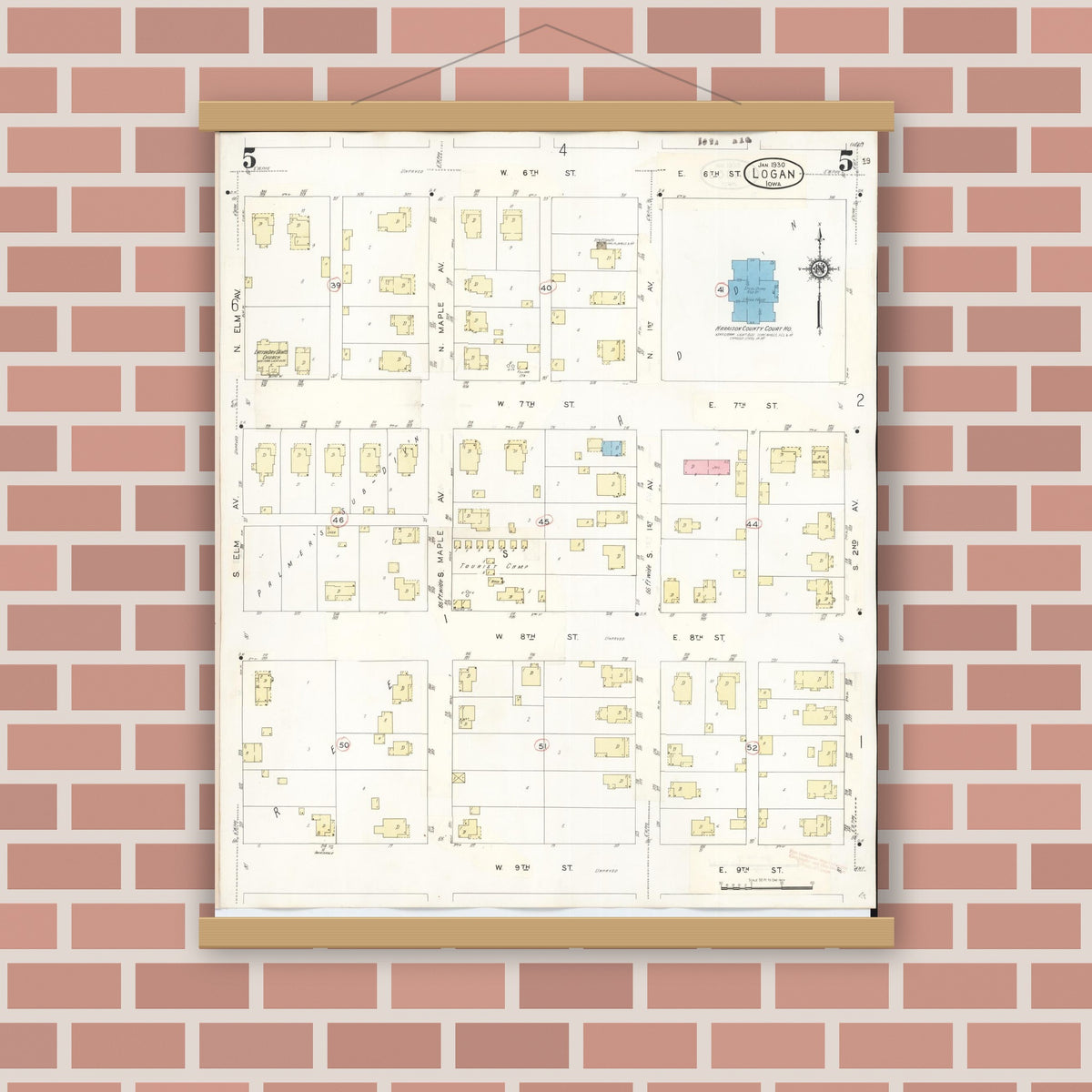 Old map wall art mockup — magnetic wood frame on brick wall — Sanborn Fire Insurance Map from Logan, Harrison County, Iowa (1934), Sheet #0005