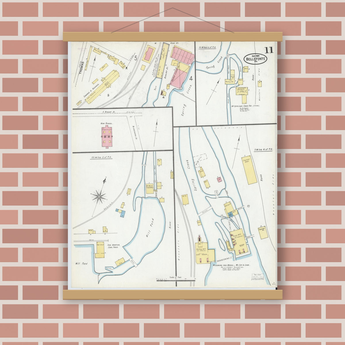 Old map wall art mockup — magnetic wood frame on brick wall — Sanborn Fire Insurance Map from Bellefonte, Centre County, Pennsylvania (1904), Sheet #0011