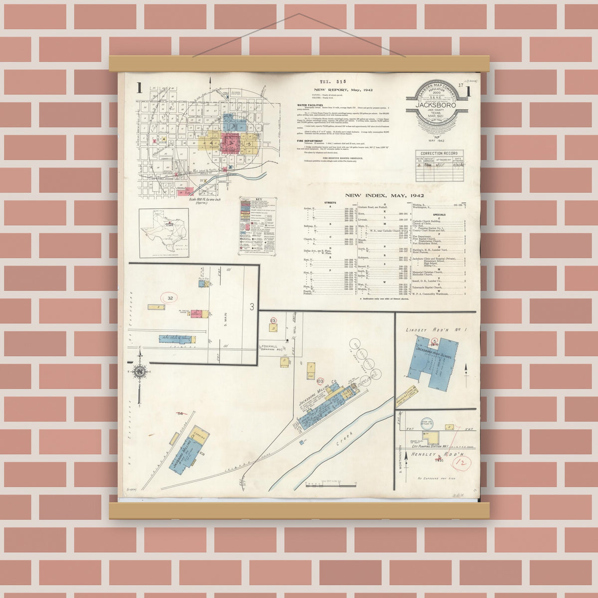 Old map wall art mockup — magnetic wood frame on brick wall — Sanborn Fire Insurance Map from Jacksboro, Jack County, Texas (1942) - Complete Map Set