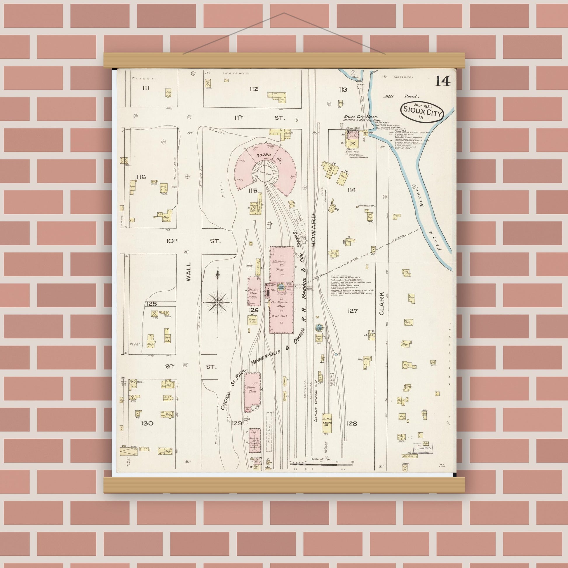 Old map wall art mockup — magnetic wood frame on brick wall — Sanborn Fire Insurance Map from Sioux City, Woodbury County, Iowa (1886), Sheet #0014