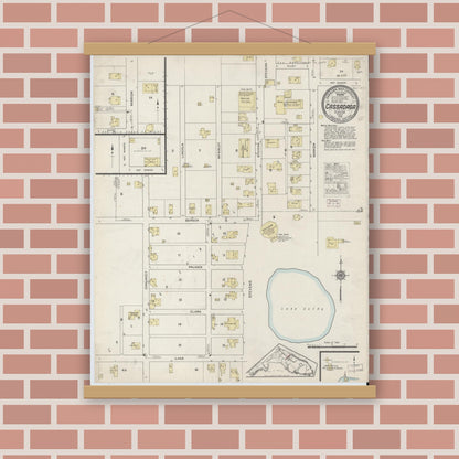 Old map wall art mockup — magnetic wood frame on brick wall — Sanborn Fire Insurance Map from Cassadaga, Volusia County, Florida (1915), Sheet #0001