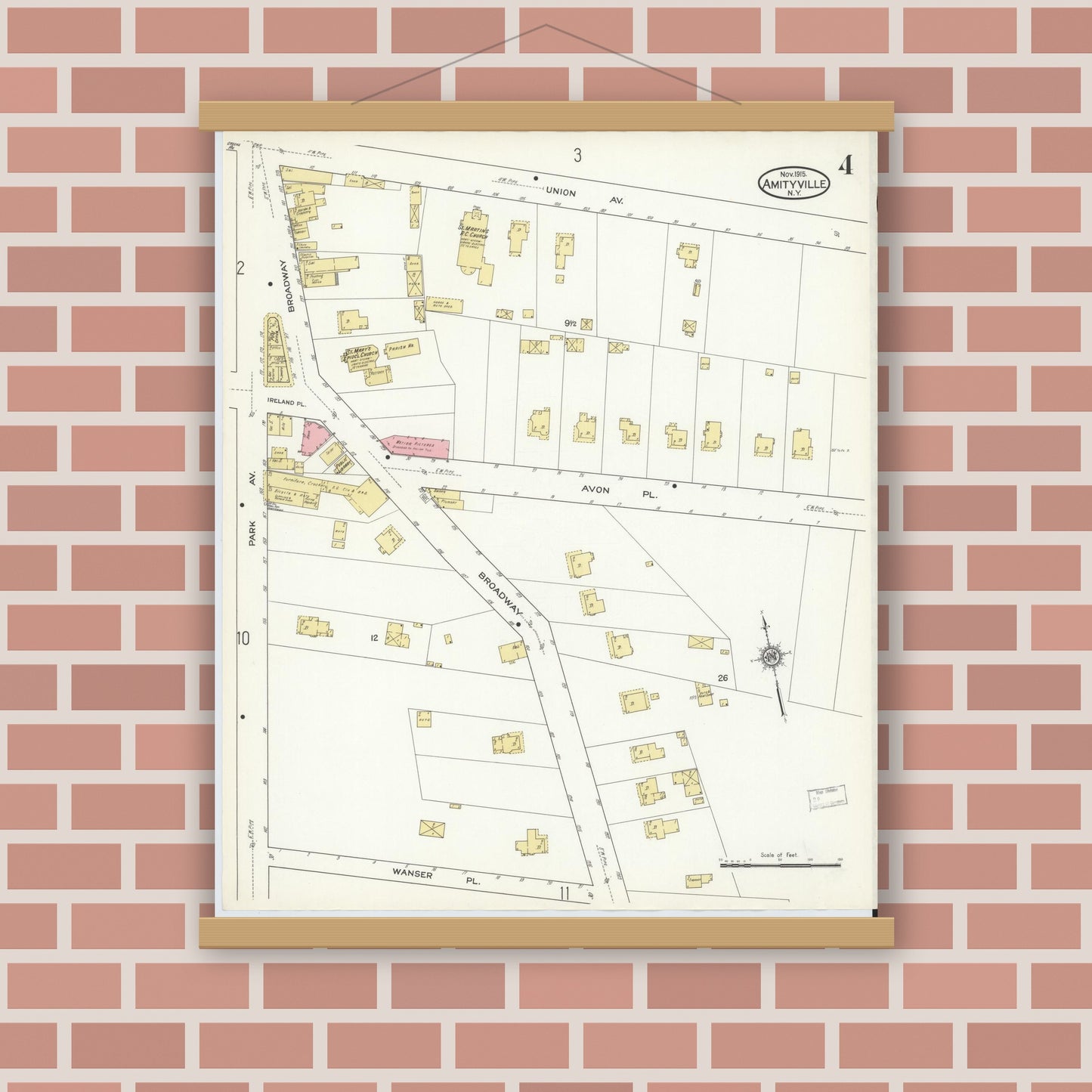 Old map wall art mockup — magnetic wood frame on brick wall — Sanborn Fire Insurance Map from Amityville, Suffolk County, New York (1915), Sheet #0004