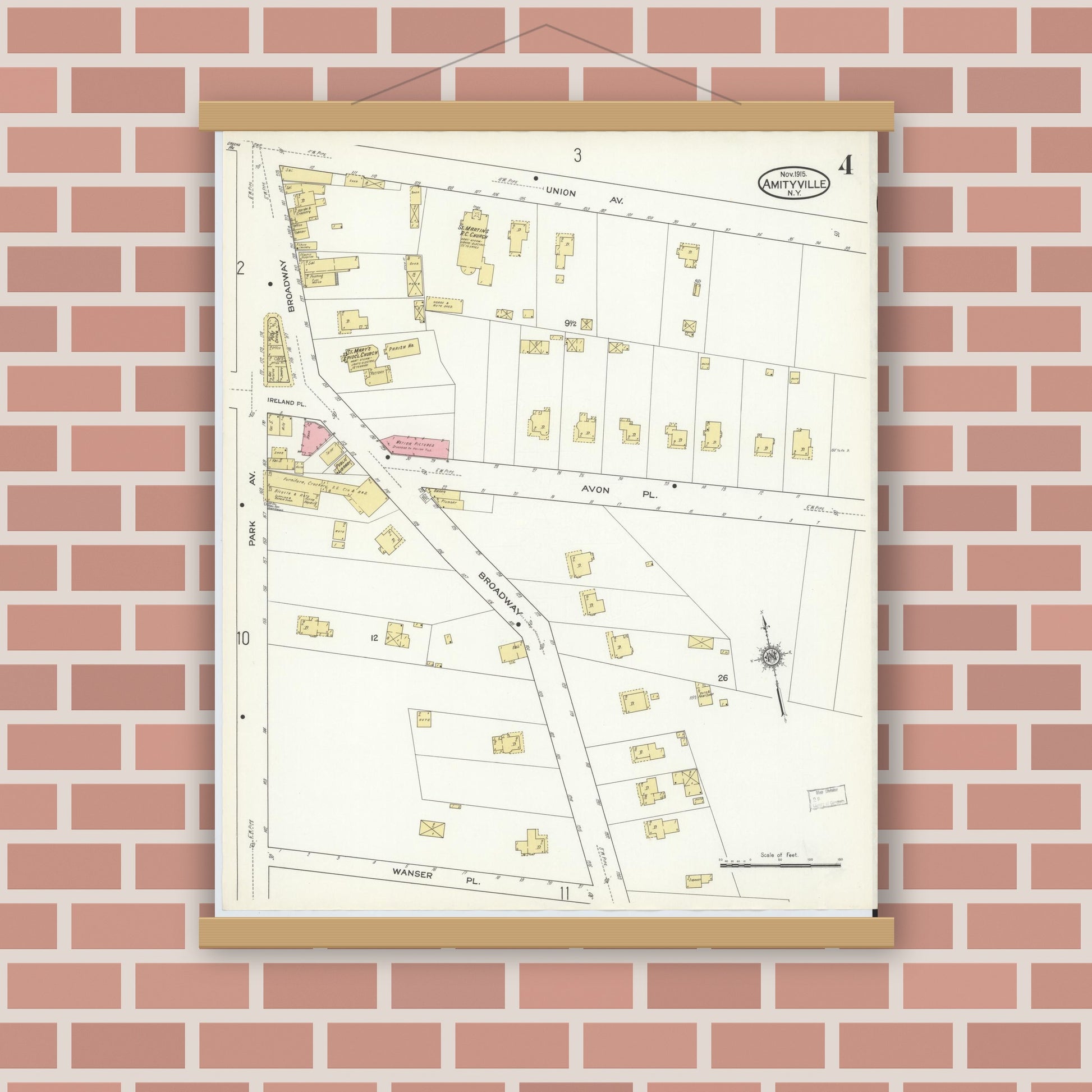 Old map wall art mockup — magnetic wood frame on brick wall — Sanborn Fire Insurance Map from Amityville, Suffolk County, New York (1915), Sheet #0004