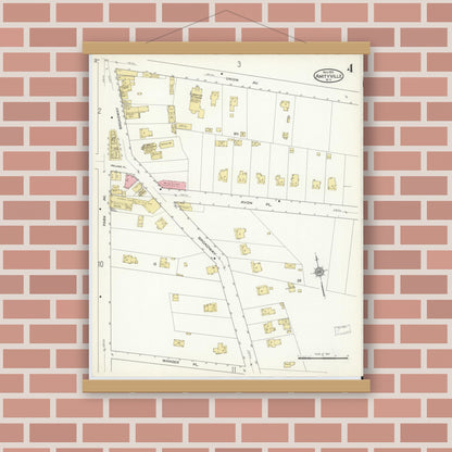 Old map wall art mockup — magnetic wood frame on brick wall — Sanborn Fire Insurance Map from Amityville, Suffolk County, New York (1915), Sheet #0004