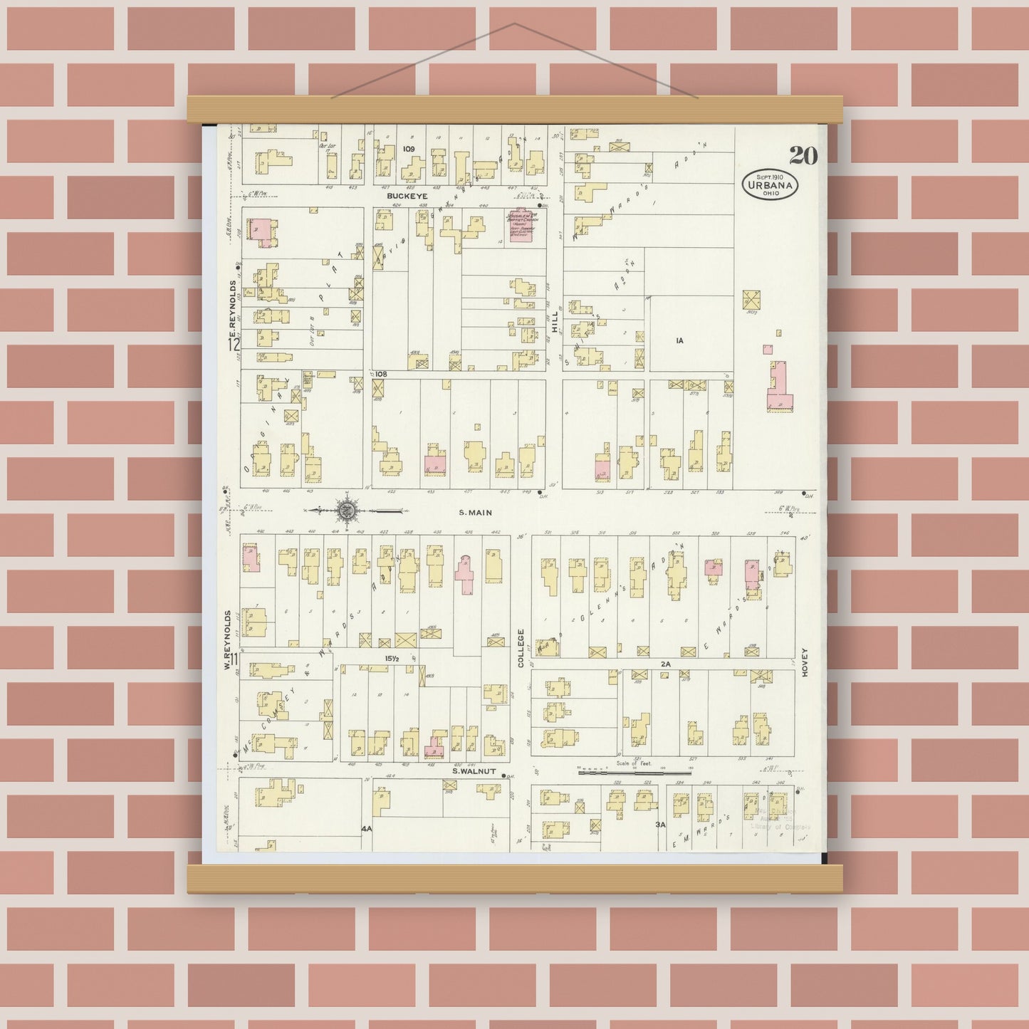 Old map wall art mockup — magnetic wood frame on brick wall — Sanborn Fire Insurance Map from Urbana, Champaign County, Ohio (1910), Sheet #0020