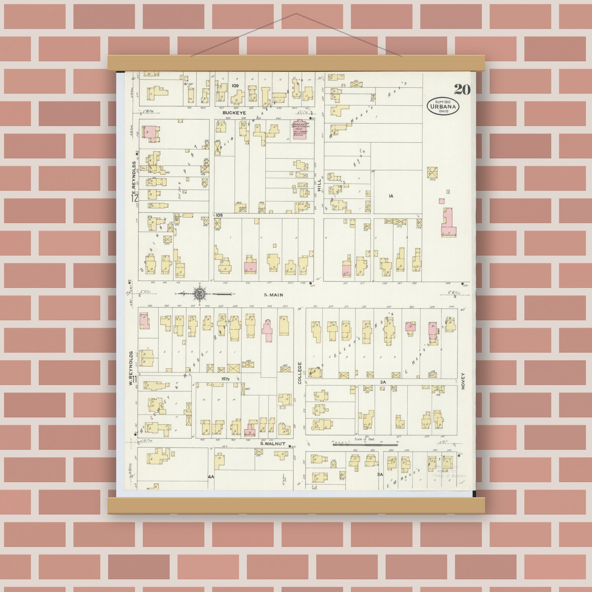 Old map wall art mockup — magnetic wood frame on brick wall — Sanborn Fire Insurance Map from Urbana, Champaign County, Ohio (1910), Sheet #0020