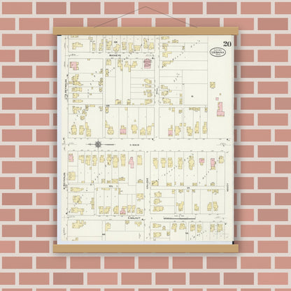 Old map wall art mockup — magnetic wood frame on brick wall — Sanborn Fire Insurance Map from Urbana, Champaign County, Ohio (1910), Sheet #0020