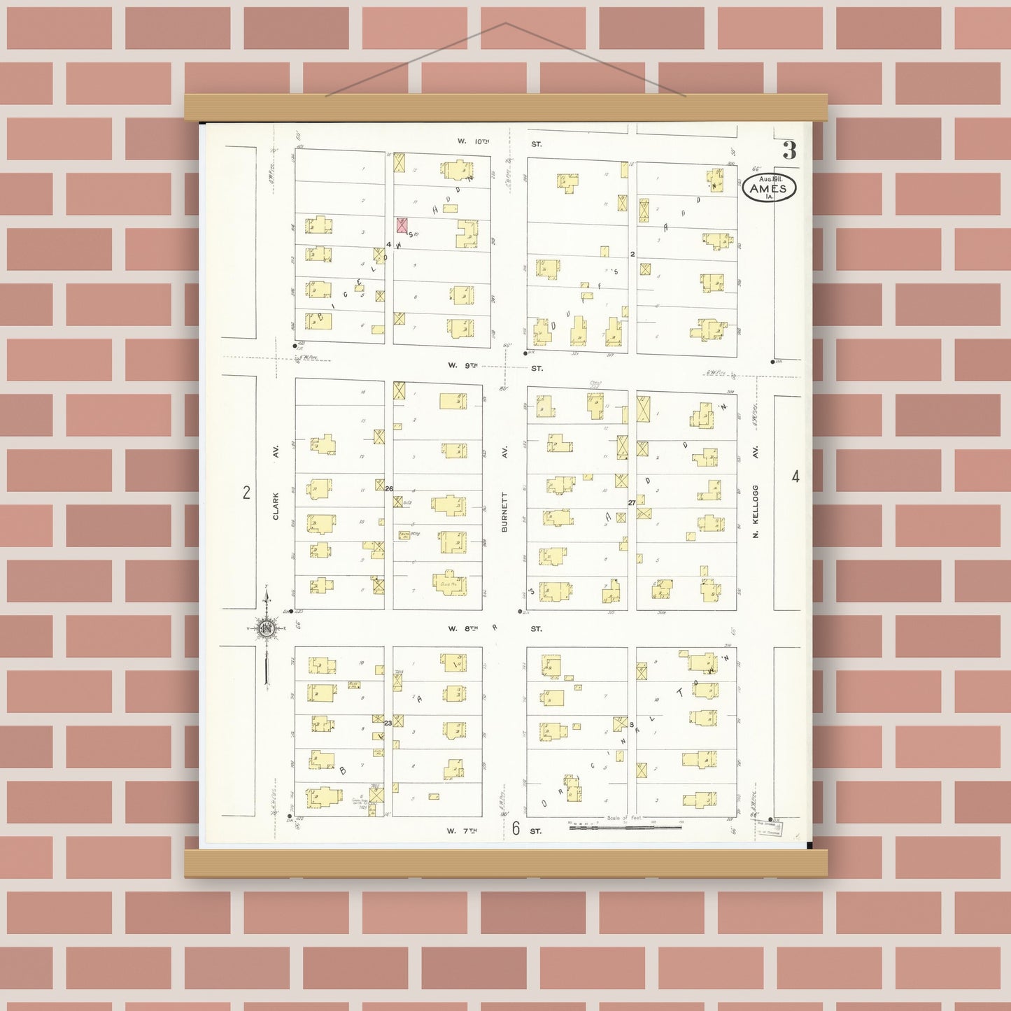 Old map wall art mockup — magnetic wood frame on brick wall — Sanborn Fire Insurance Map from Ames, Story County, Iowa (1911), Sheet #0003
