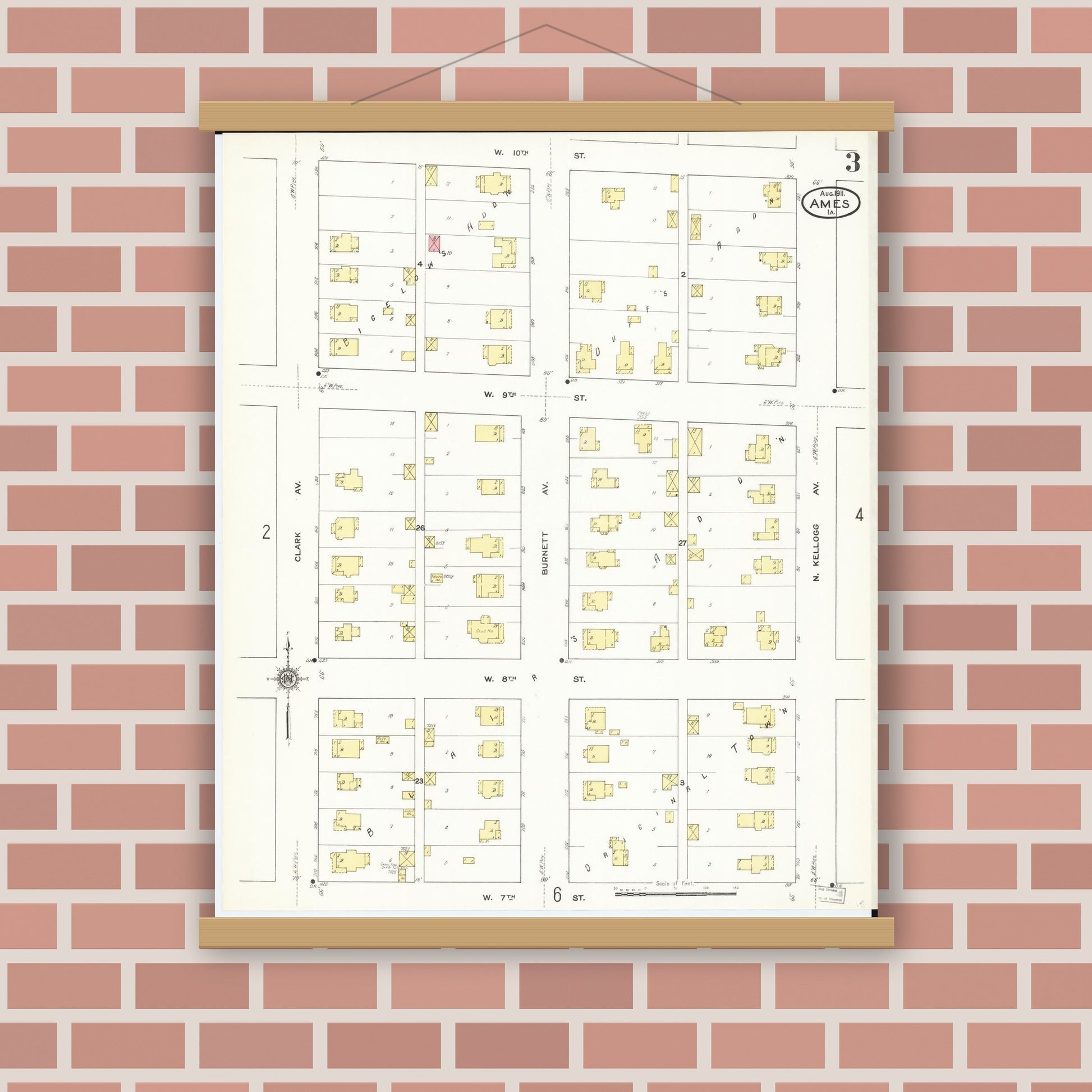 Old map wall art mockup — magnetic wood frame on brick wall — Sanborn Fire Insurance Map from Ames, Story County, Iowa (1911), Sheet #0003