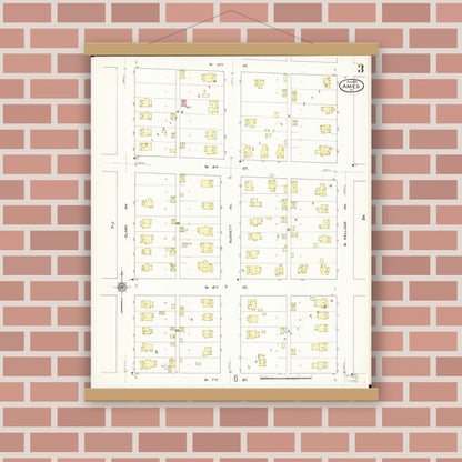 Old map wall art mockup — magnetic wood frame on brick wall — Sanborn Fire Insurance Map from Ames, Story County, Iowa (1911), Sheet #0003