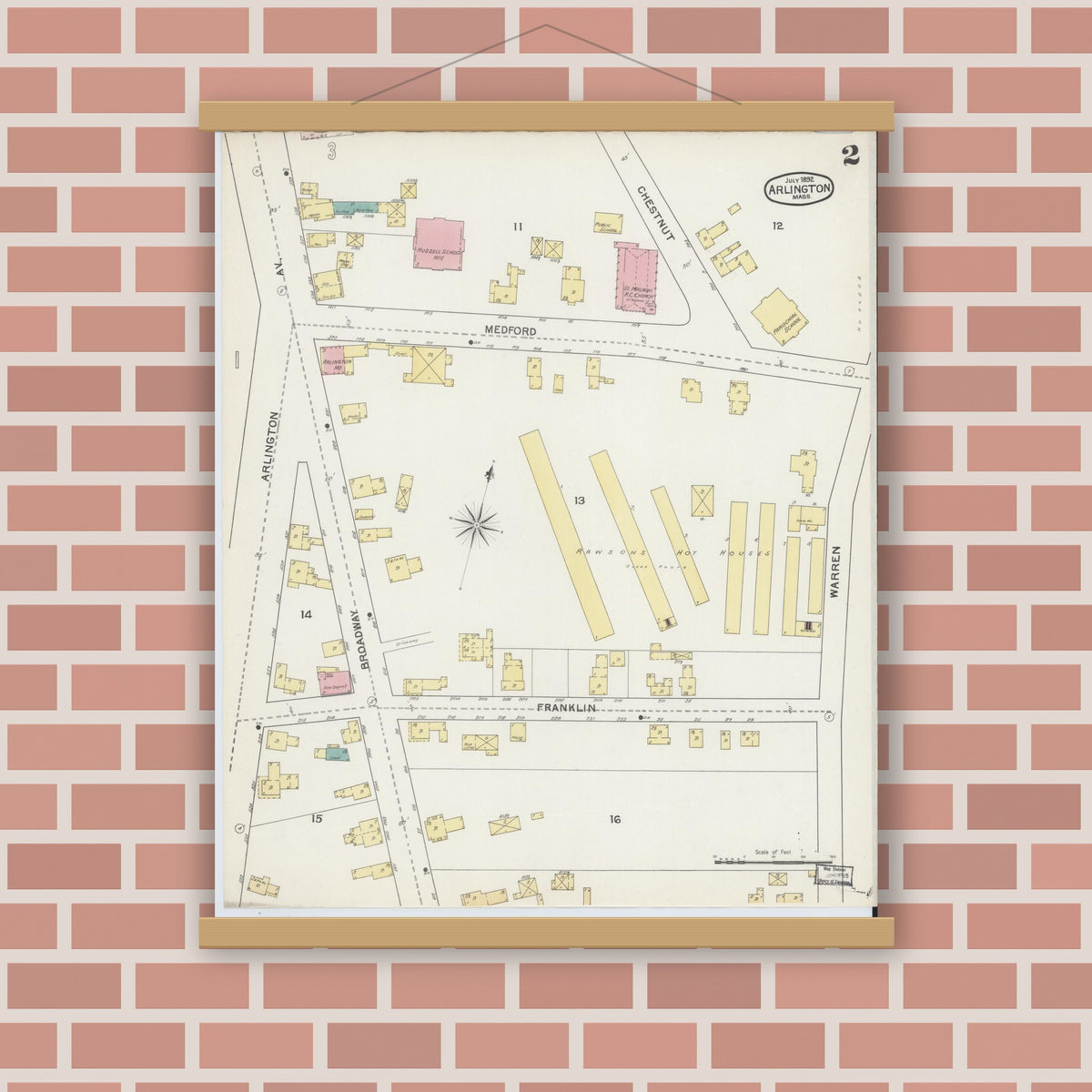 Old map wall art mockup — magnetic wood frame on brick wall — Sanborn Fire Insurance Map from Arlington, Middlesex County, Massachusetts (1892), Sheet #0002