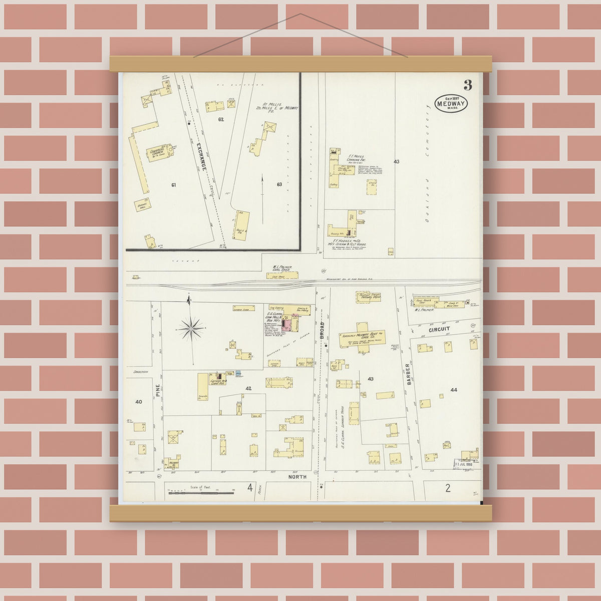 Old map wall art mockup — magnetic wood frame on brick wall — Sanborn Fire Insurance Map from Medway, Norfolk County, Massachusetts (1897), Sheet #0003