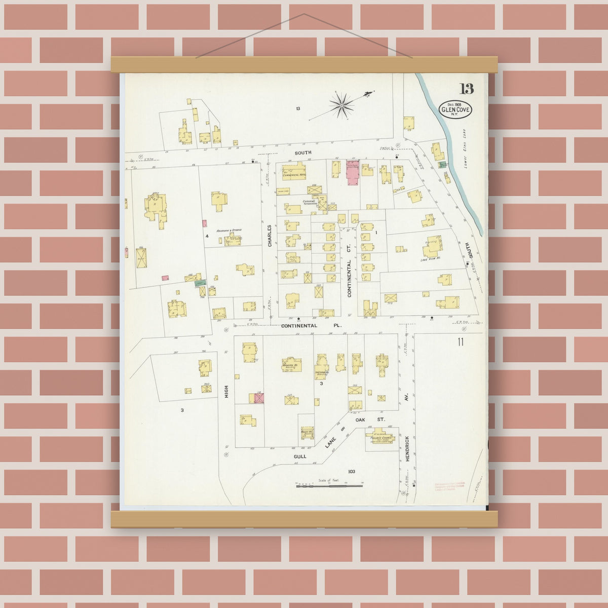Old map wall art mockup — magnetic wood frame on brick wall — Sanborn Fire Insurance Map from Glen Cove, Nassau County, New York (1908), Sheet #0013