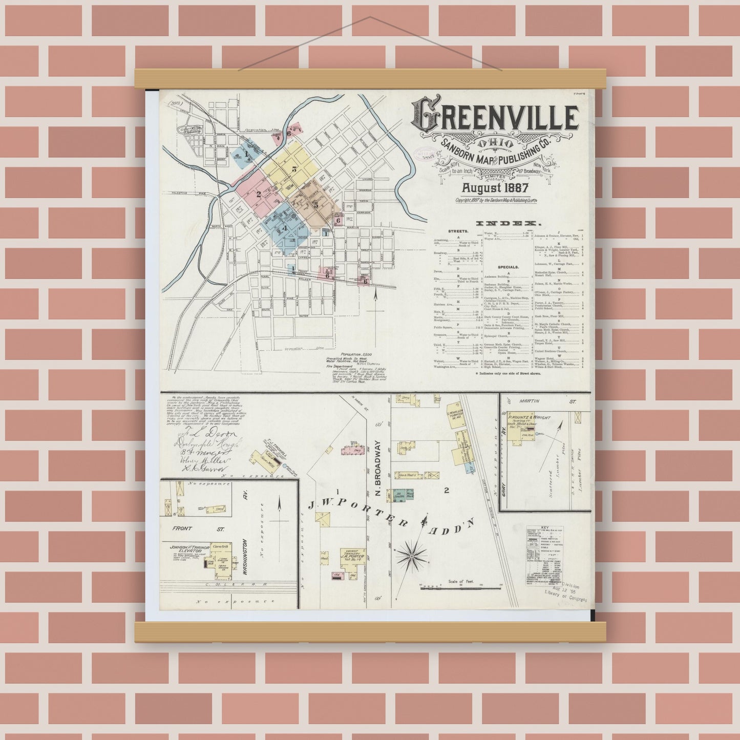 Old map wall art mockup — magnetic wood frame on brick wall — Sanborn Fire Insurance Map from Greenville, Darke County, Ohio (1887), Sheet #0001