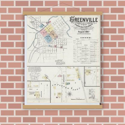 Old map wall art mockup — magnetic wood frame on brick wall — Sanborn Fire Insurance Map from Greenville, Darke County, Ohio (1887), Sheet #0001
