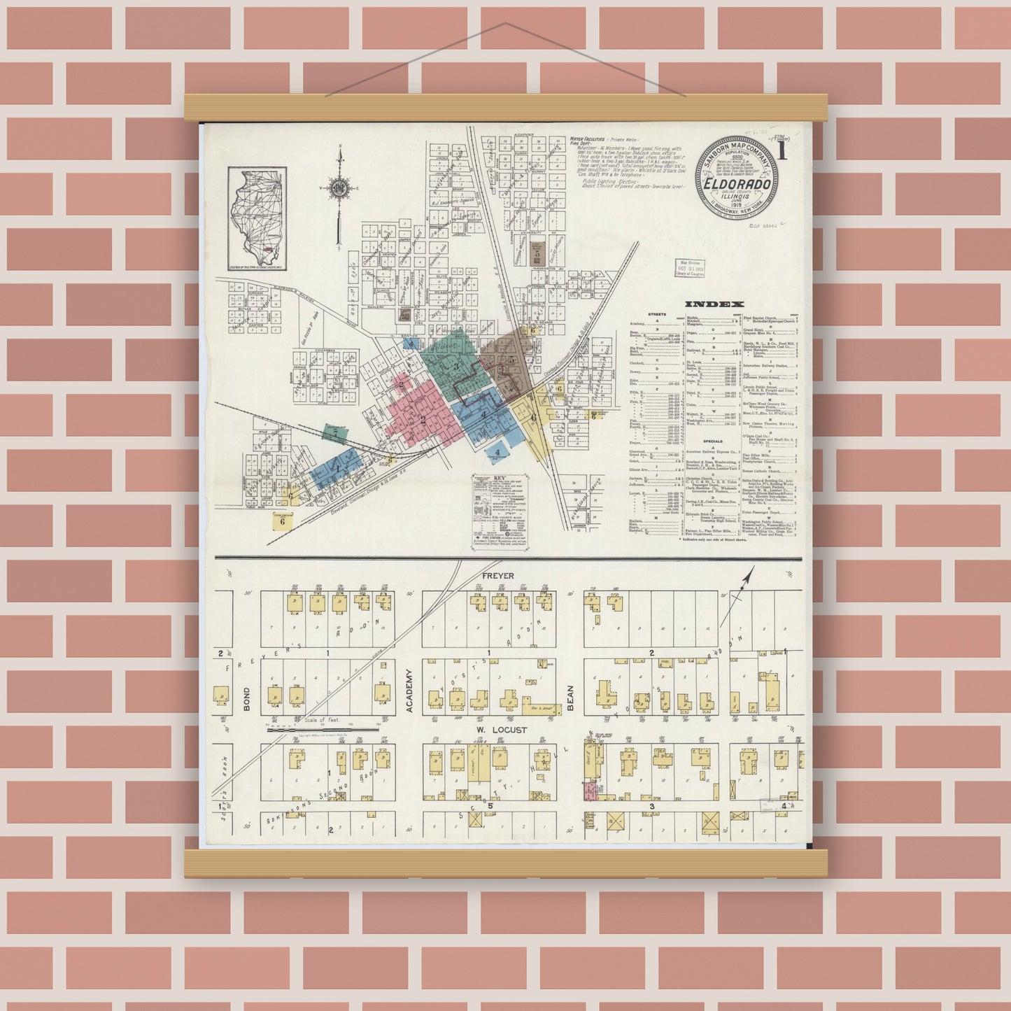 Old map wall art mockup — magnetic wood frame on brick wall — Sanborn Fire Insurance Map from Eldorado, Saline County, Illinois (1919) - Complete Map Set