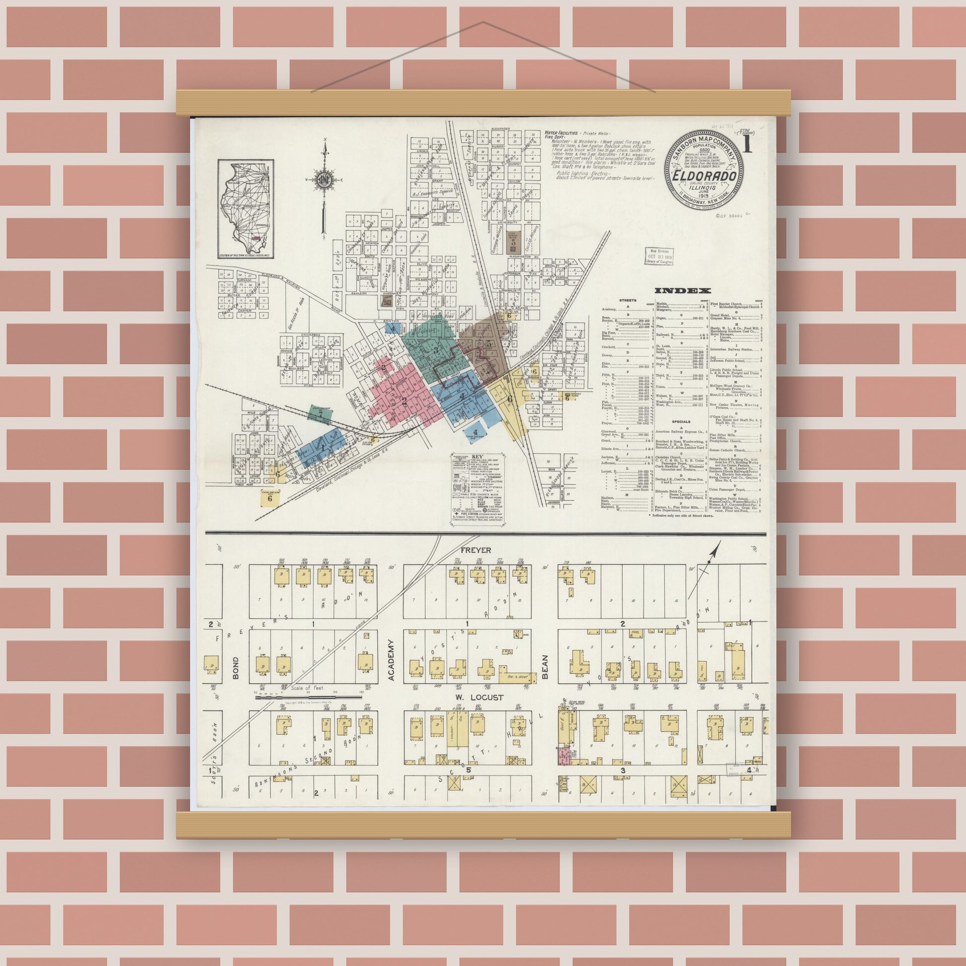 Old map wall art mockup — magnetic wood frame on brick wall — Sanborn Fire Insurance Map from Eldorado, Saline County, Illinois (1919) - Complete Map Set