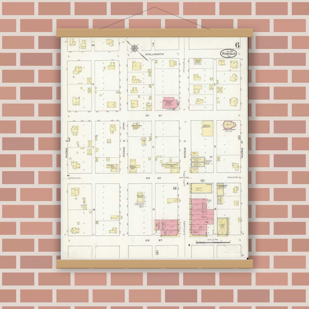 Old map wall art mockup — magnetic wood frame on brick wall — Sanborn Fire Insurance Map from Rosebud, Falls County, Texas (1914), Sheet #0006