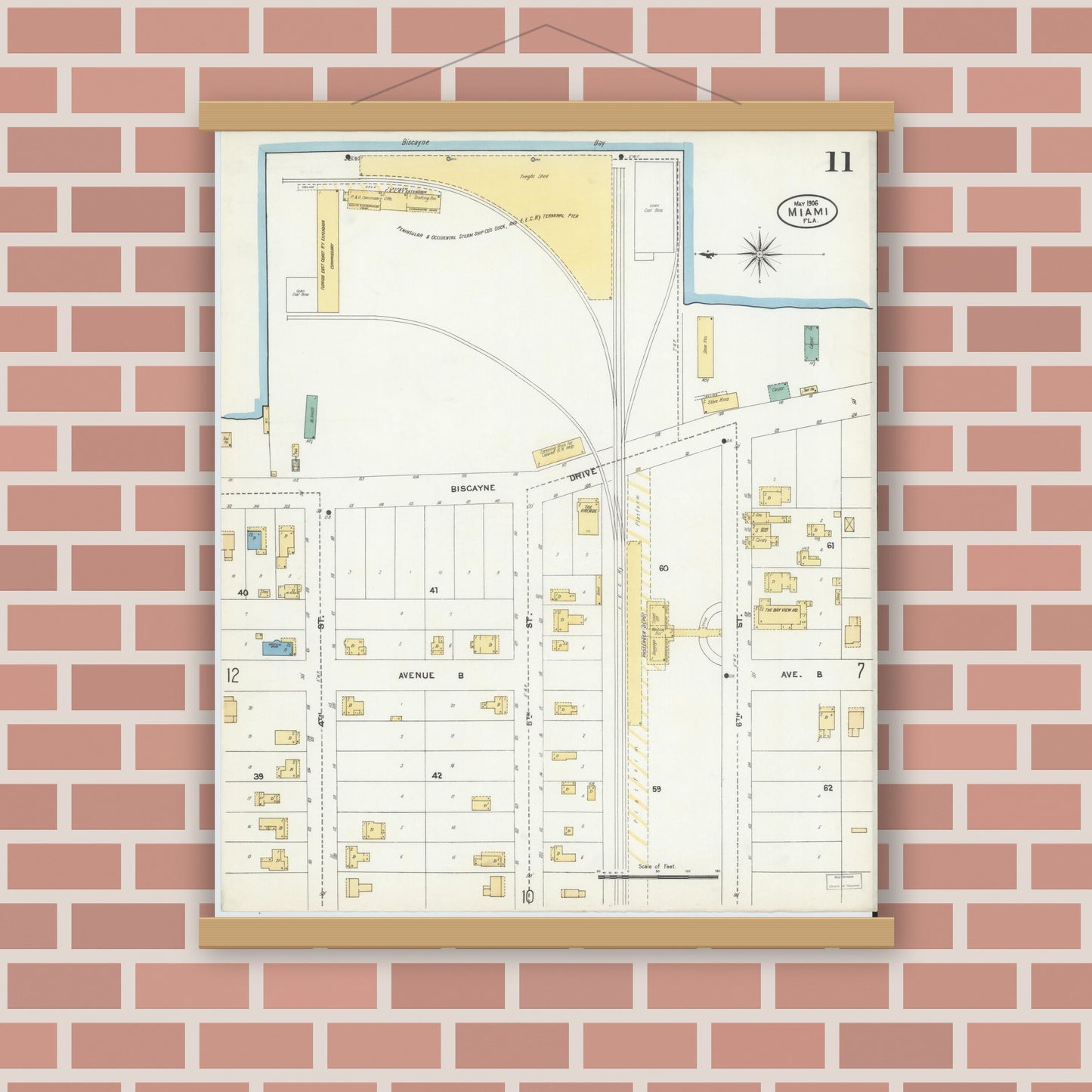 Old map wall art mockup — magnetic wood frame on brick wall — Sanborn Fire Insurance Map from Miami, Dade County, Florida (1906), Sheet #0011