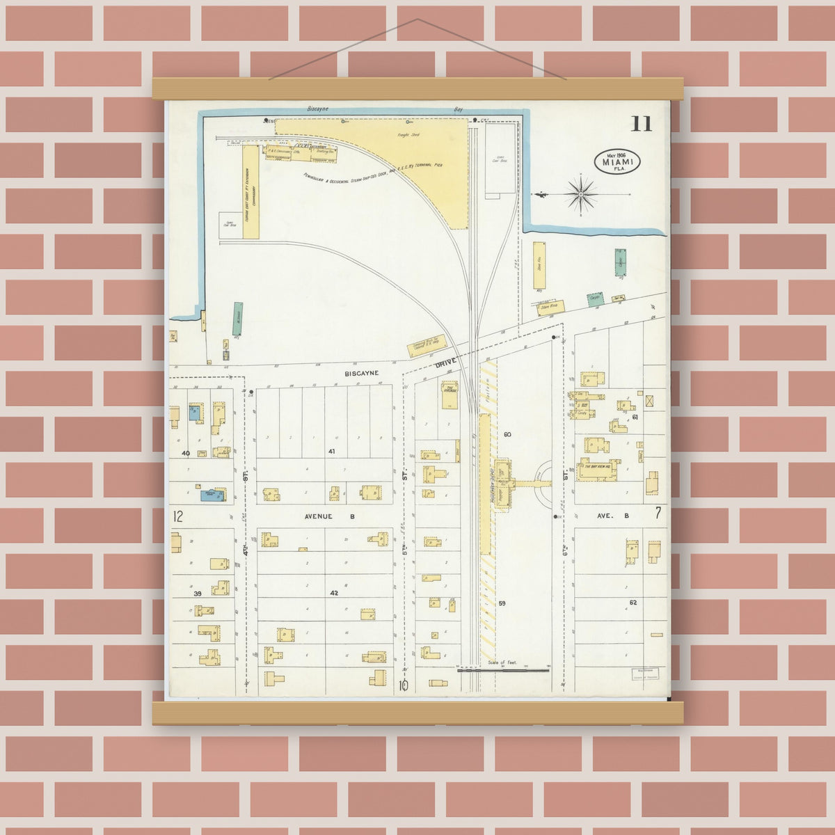 Old map wall art mockup — magnetic wood frame on brick wall — Sanborn Fire Insurance Map from Miami, Dade County, Florida (1906), Sheet #0011