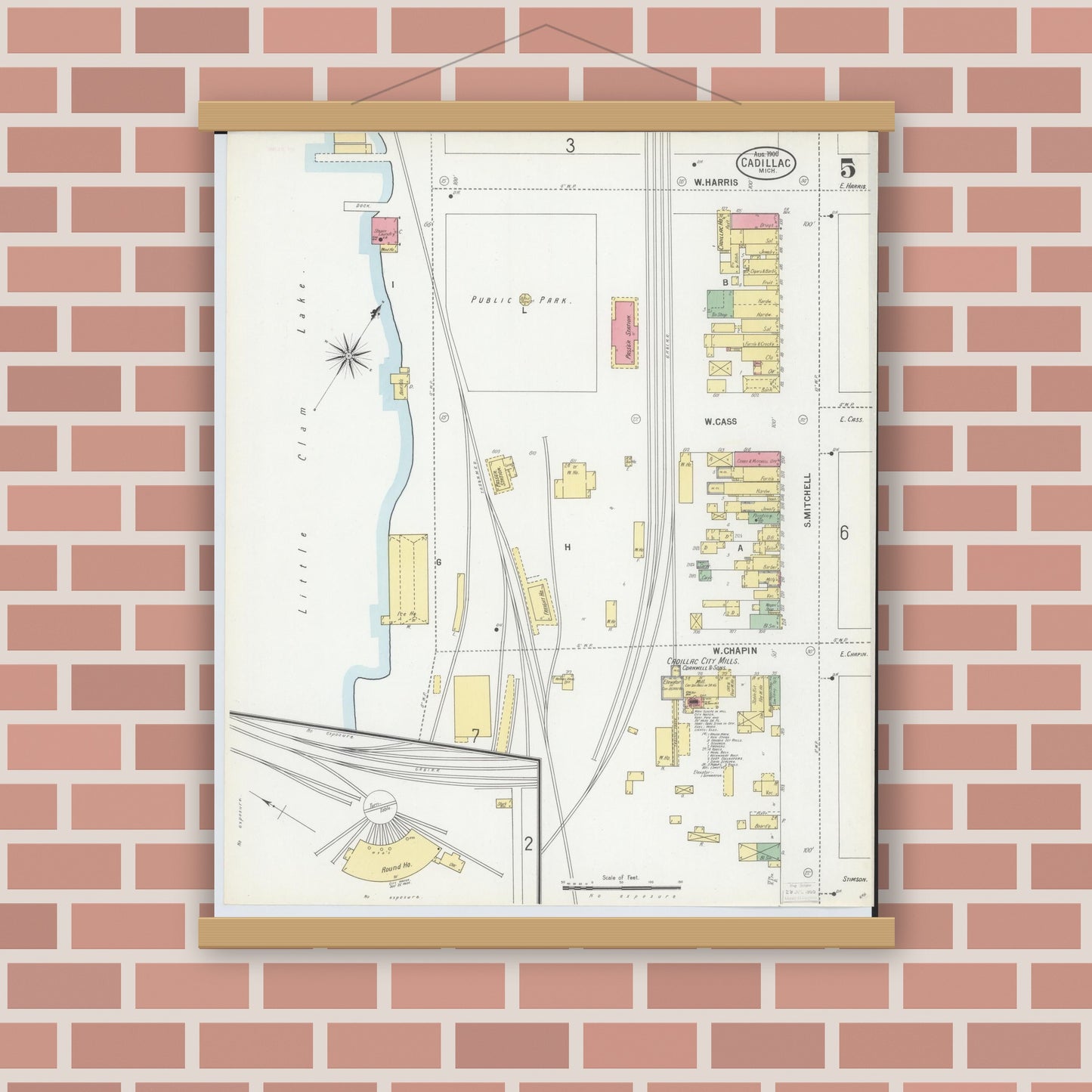 Old map wall art mockup — magnetic wood frame on brick wall — Sanborn Fire Insurance Map from Cadillac, Wexford County, Michigan (1900), Sheet #0005