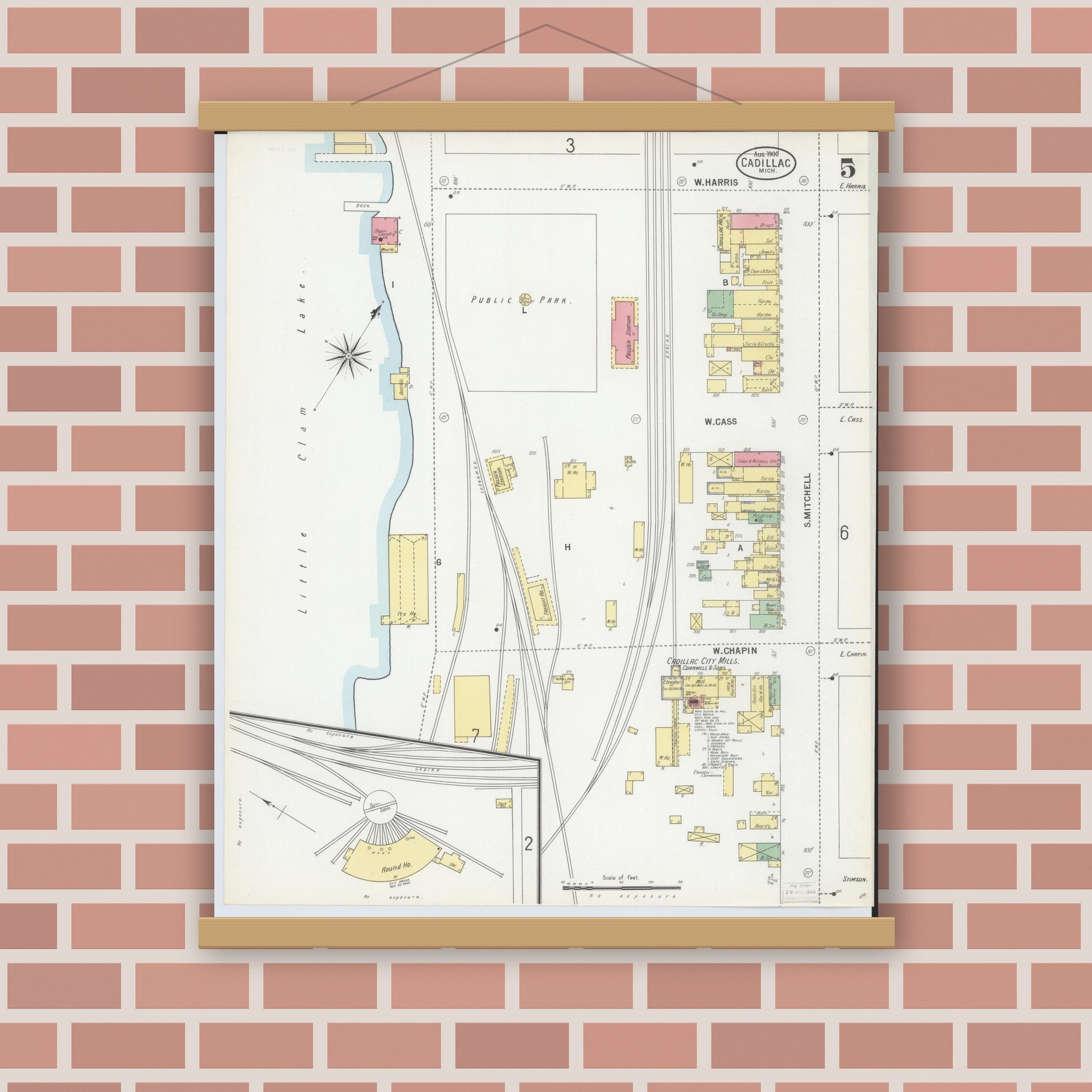 Old map wall art mockup — magnetic wood frame on brick wall — Sanborn Fire Insurance Map from Cadillac, Wexford County, Michigan (1900), Sheet #0005