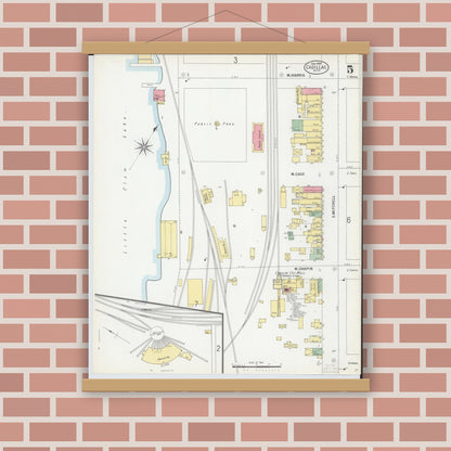 Old map wall art mockup — magnetic wood frame on brick wall — Sanborn Fire Insurance Map from Cadillac, Wexford County, Michigan (1900), Sheet #0005