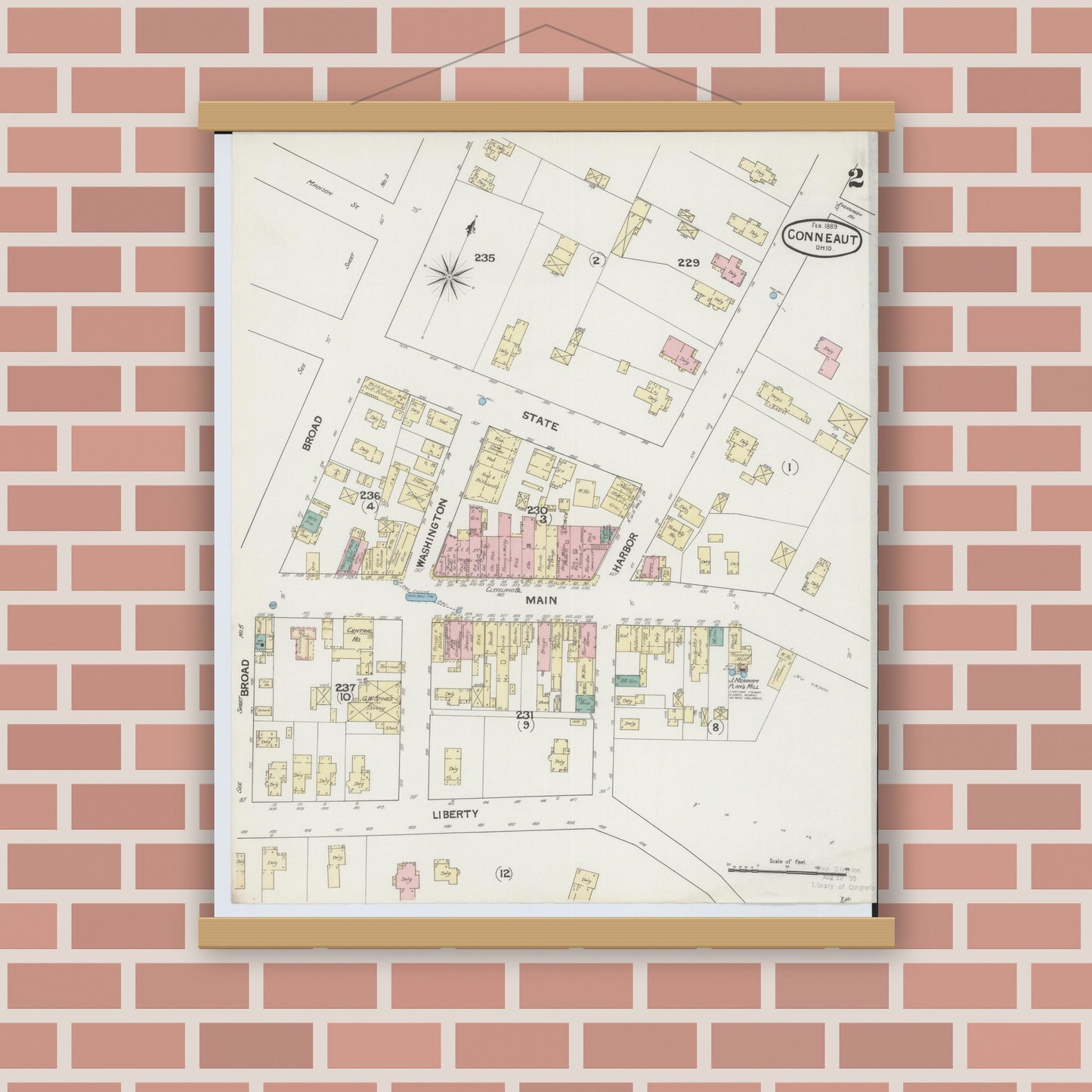 Old map wall art mockup — magnetic wood frame on brick wall — Sanborn Fire Insurance Map from Conneaut, Ashtabula County, Ohio (1889), Sheet #0002