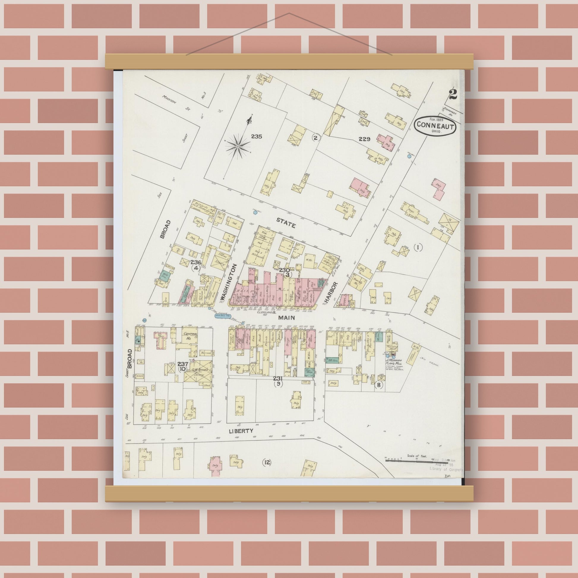 Old map wall art mockup — magnetic wood frame on brick wall — Sanborn Fire Insurance Map from Conneaut, Ashtabula County, Ohio (1889), Sheet #0002