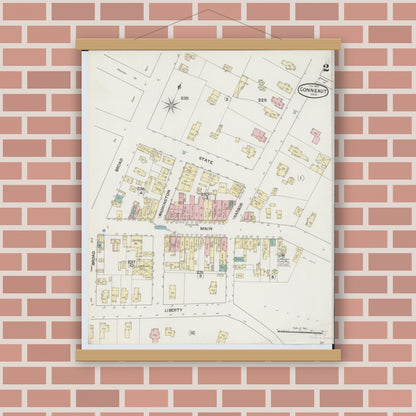 Old map wall art mockup — magnetic wood frame on brick wall — Sanborn Fire Insurance Map from Conneaut, Ashtabula County, Ohio (1889), Sheet #0002