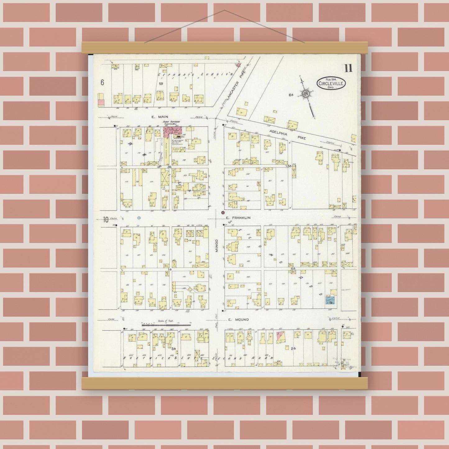 Old map wall art mockup — magnetic wood frame on brick wall — Sanborn Fire Insurance Map from Circleville, Pickaway County, Ohio (1914), Sheet #0011