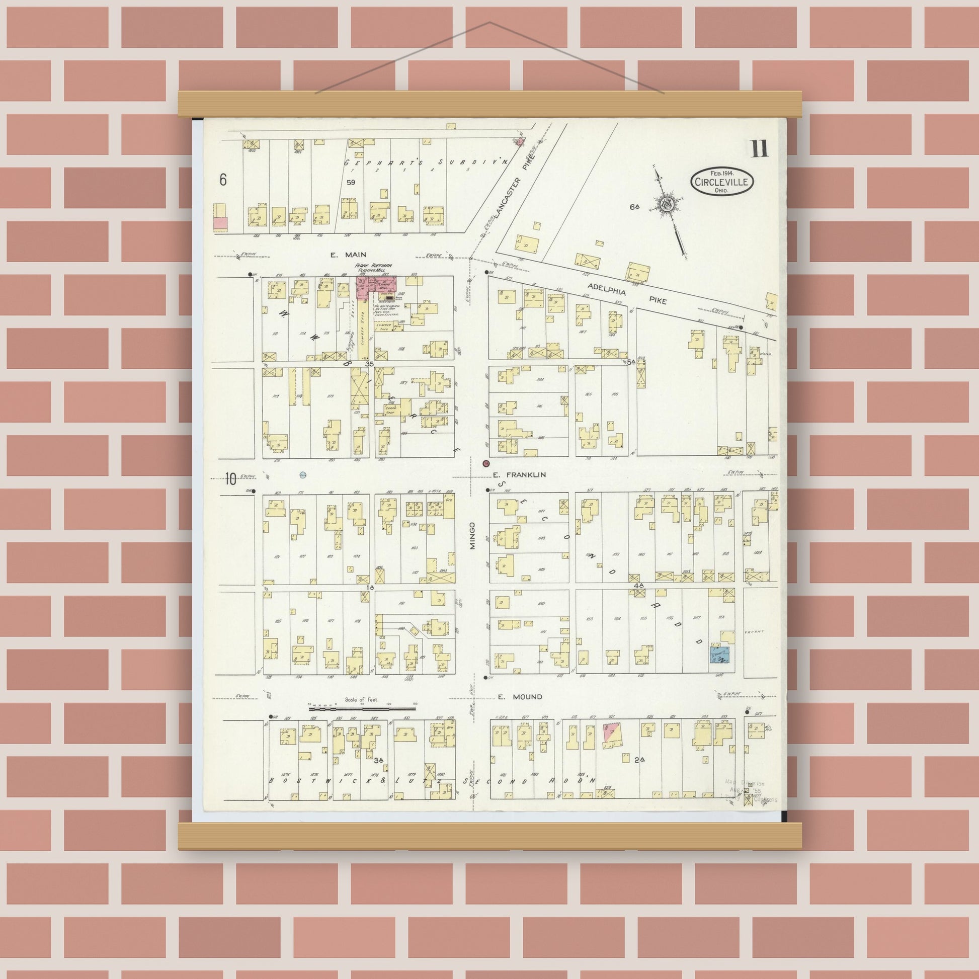 Old map wall art mockup — magnetic wood frame on brick wall — Sanborn Fire Insurance Map from Circleville, Pickaway County, Ohio (1914), Sheet #0011